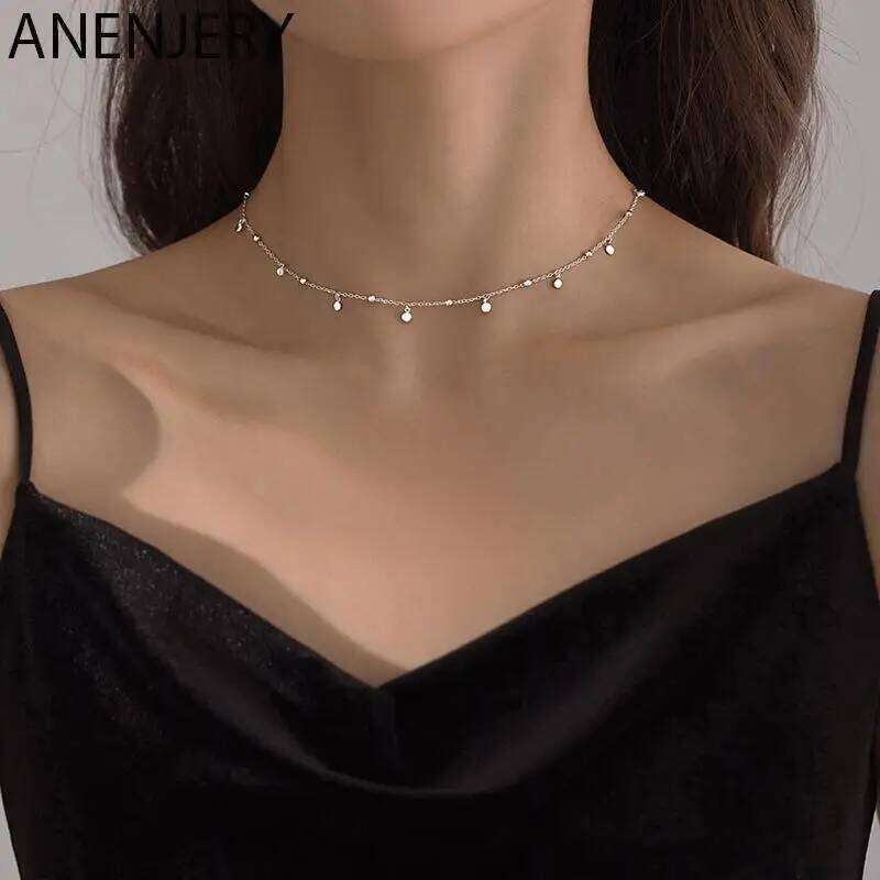 ANENJERY Delicate Jewelry Round Bead Discs Choker for Women Party Clavicle Chain Necklace Gifts S-N695 26L0104