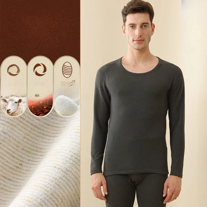 Mens Winter Underwear Set Warm Fleece Lined T Shirt Thick Crew Neck Solid Basic Pants Two Pieces Thermal Clothing 251225