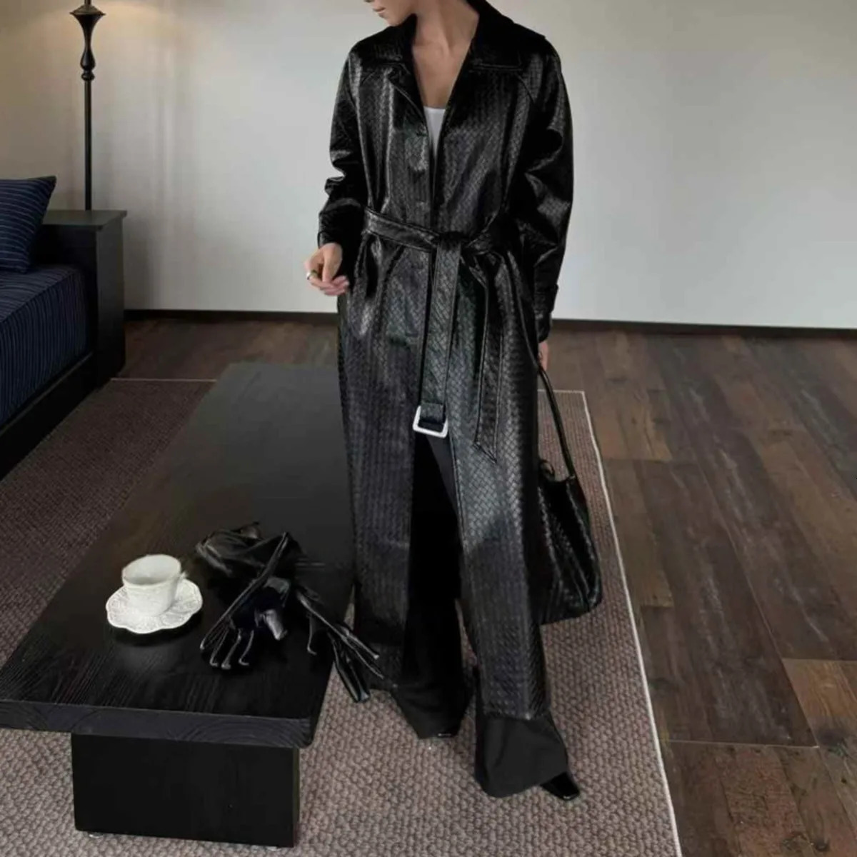 KWTX 2025 Womens Long Faux Leather Trench Coat Belted with Pockets Lapel Vintage Casual Trendy Spring Autumn Comfortable 251231