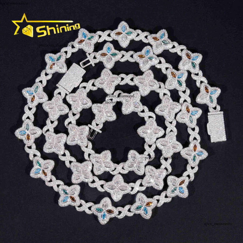 Rapper Hip Hop Jewelry Iced Out Necklace 925 Silver Colored Four Leaf Clover VVS Moissanite Cuban Link Chain 7a