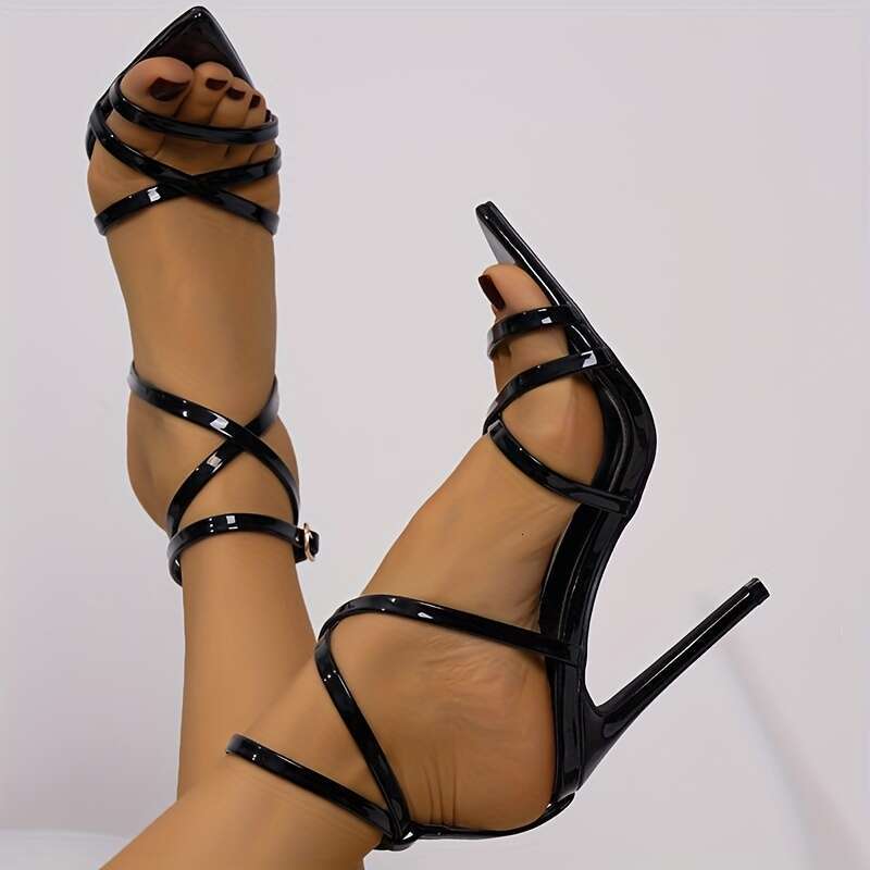 Sexy Summer Pointed Toe Stiletto Sandals With Ankle Strap Cross Tie Ultrahigh Heel Synthetic Upper Microfiber Inner And Sole MOJIDASHU
