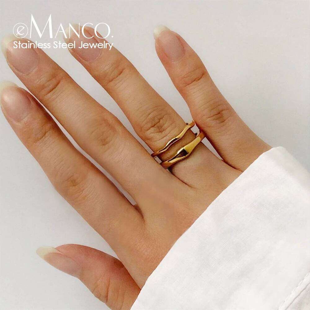 eManco Irregular Wave Rings Stainless Steel Trendy Simple Gold /Silver Color Geometric Jewelry for Women Couple