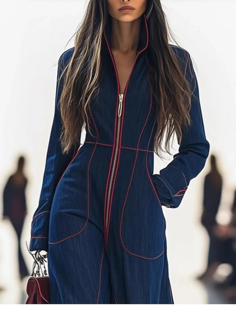 Womens Fashion Trend Casual Jumpsuit Autumn And Winter British Style Zipper Slim Vneck Solid Color Large Pocket Pants 251226