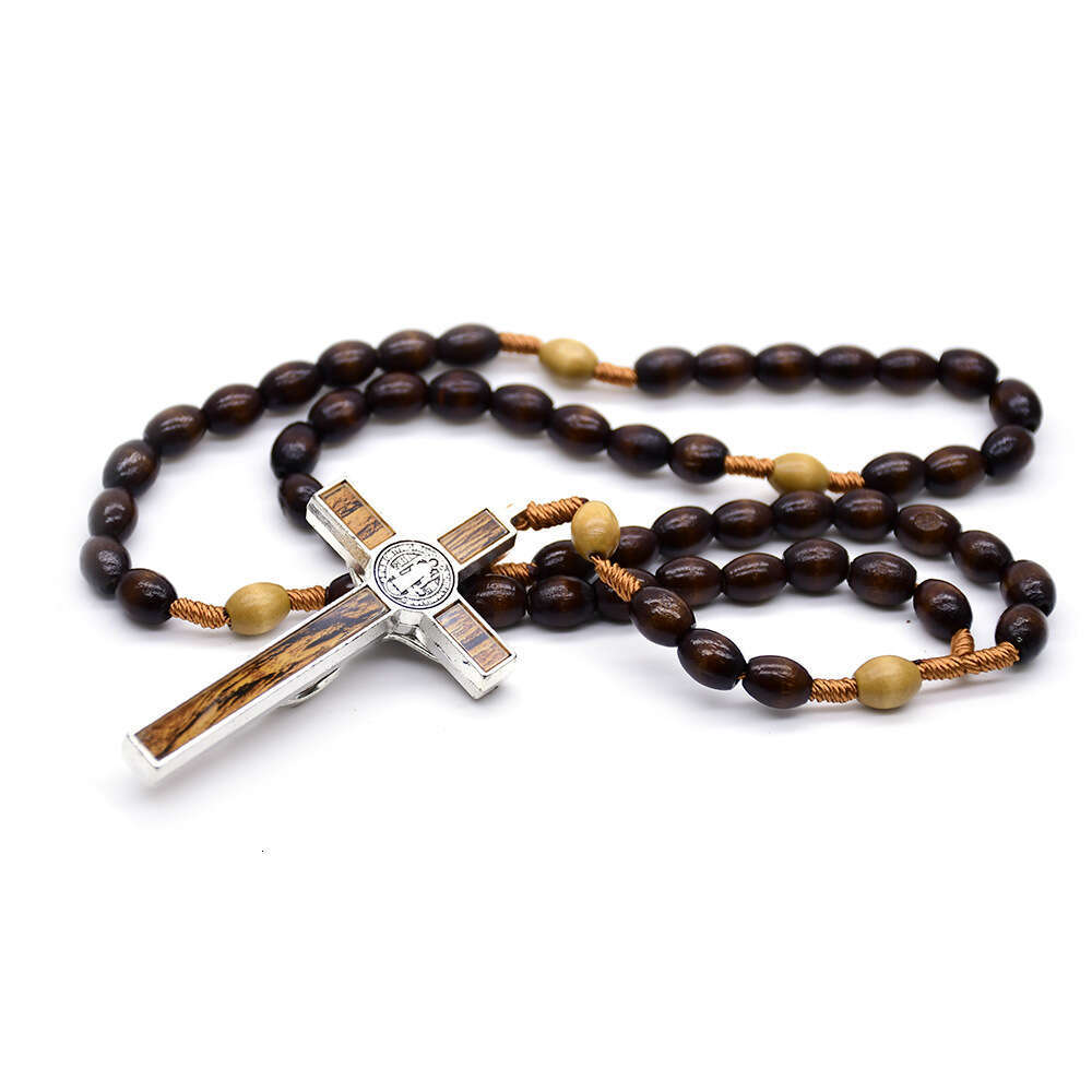 8*10 Dark Coffee Color Rice-Shaped Wooden Beads Rope Braided Rosary Cross Necklace Export Jewelry