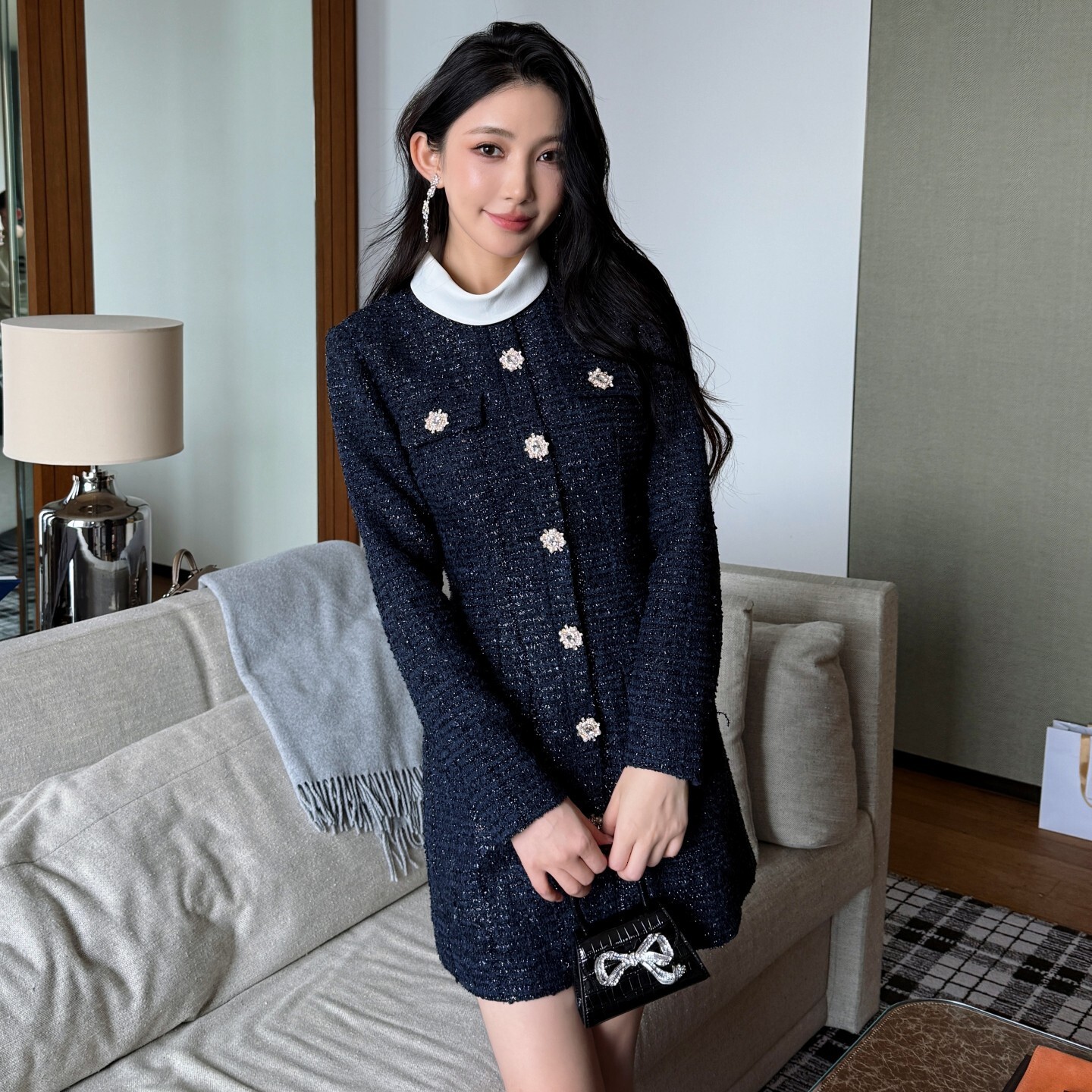 The New Autumn-winter Navy Blue Tweed Elegant Business Suit-style Dress In 2026 Features A Small Stand-up Collar And A Contrasting Design