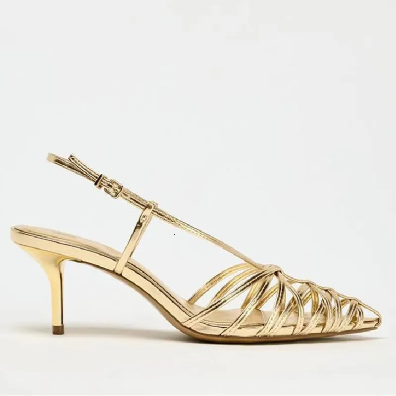 Gold Heels Women Fashion Narrow Strap Hollow Thin High Heel Summer Sandals Sexy Pointed Toe Slingbacks Dress Shoes 251231
