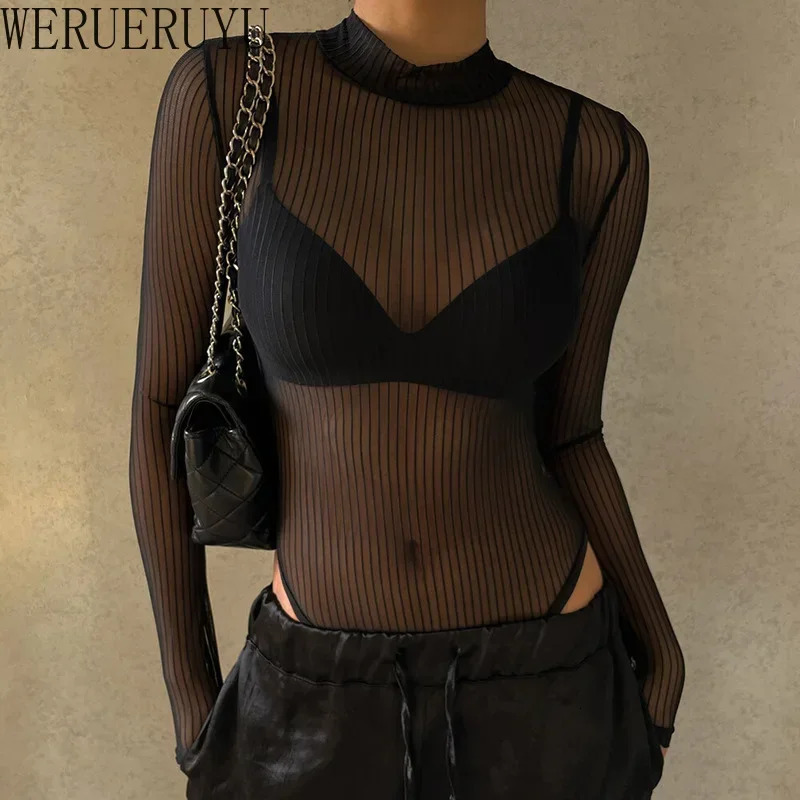 Black Stripe See Through Bodysuit Women s Clothes Summer Sexy Tops Turtleneck Long Sleeve Backless Jumpsuits for 251231