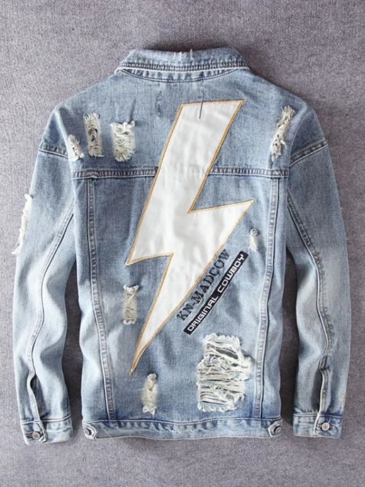 Men Lightning Patchwork Denim Jacket Embroidered Frayed Distressed Biker Moto Coat Trendy Spring Streetwear Outer Clothing 251230