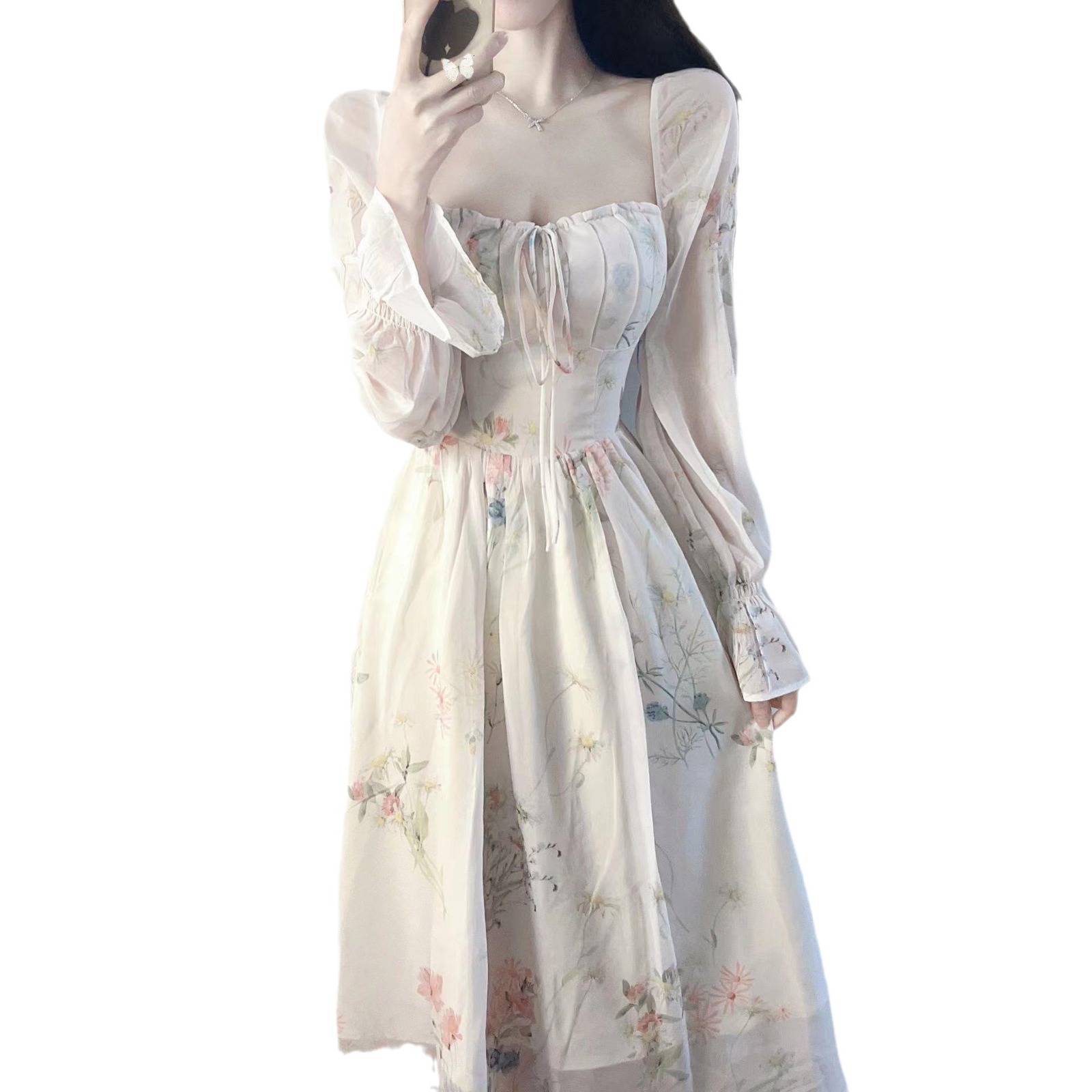 Urban Sexy And Luxurious Women's French-style Floral Dress 2026 Early Spring New Model High-end Elegant Long Dress Waist Cinched, Fairy-like Dres