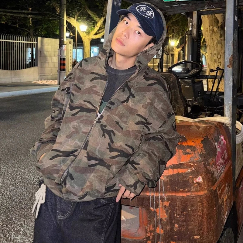 Camouflage Mens Hooded Jacket Loose American Style Cardigan Sweatshirt High Street Versatile Casual Fashion Loose Mens Clothing 251226