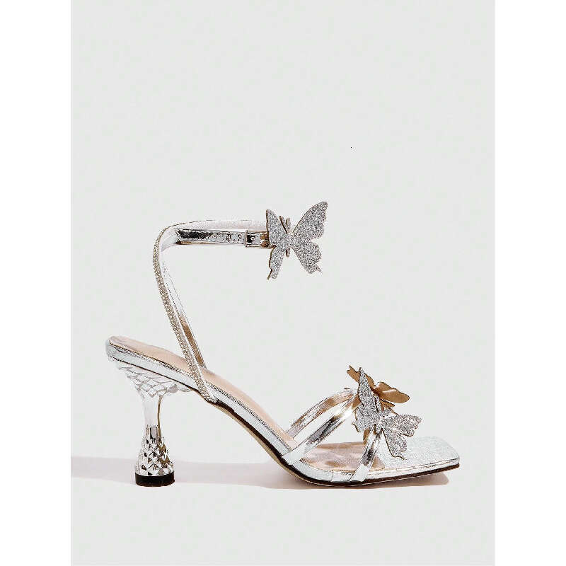 Elegant Silvery Sandals Women Round Three Dimensional Flower Design High Heel Pointed Toe Buckle Closure Non Woven Fabric Upper Perfect For Parties MO