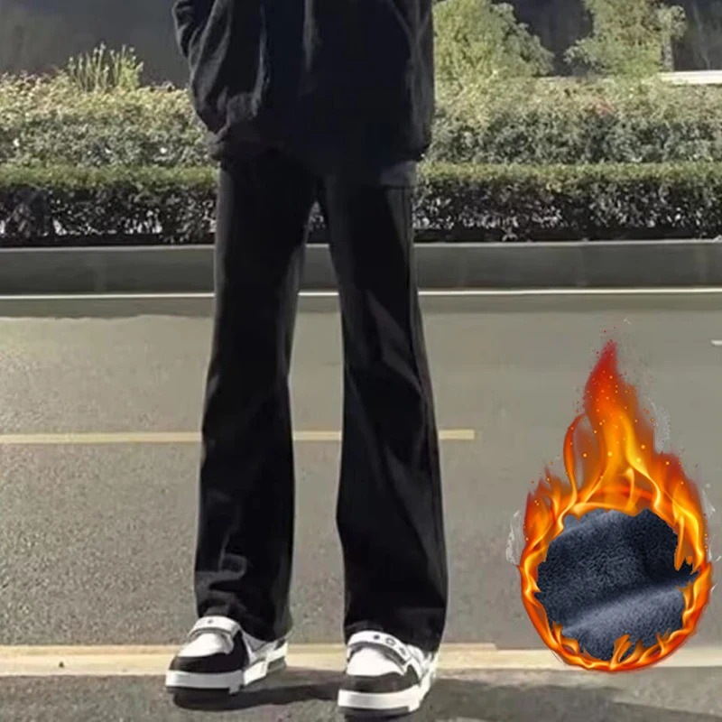 2025 Men Autumn Winter Warm Jeans Male Fleece Lined Thickened Casual Denim Pants Loose Straight Black Elasticity Trousers 251226