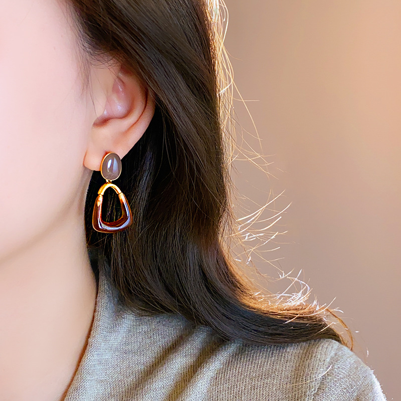 Silver needle dripping oil oval resin square pendant earrings vintage Hong Kong style earrings eardrop niche design sense earrings