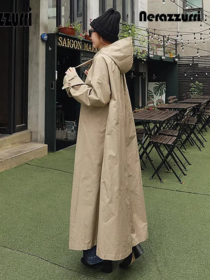 Nerazzurri Spring Autumn Long Black Waterproof Raincoat Coat for Women with Hood Sleeve Loose Clothes 2025 251231