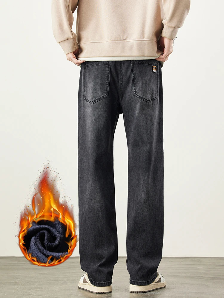 Fleece Mens Straight Jeans Winter Baggy Thick Warm Fashion Korea Plush Wide Denim Pants Casual Male Thermal Trousers 251226