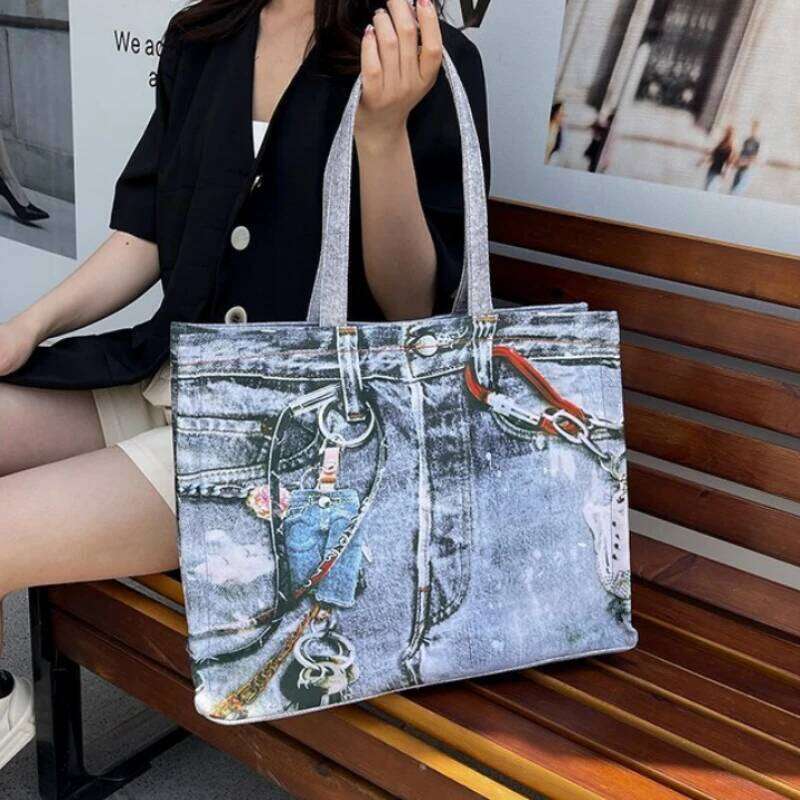 Denim Printing Handbag 2026 Hot Sale Trend Casual Youth Tote Light Luxury Fashion Sewing Thread Sweet Shoulder Bags