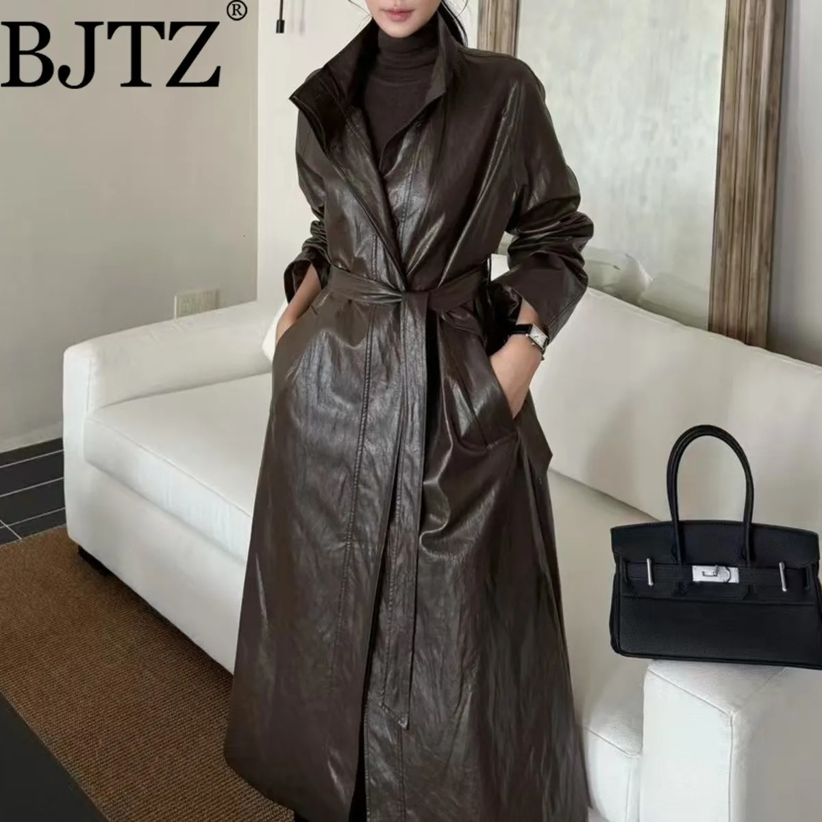 BJTZ PU Leather Belt Waist Midlength Loose Fit Windbreaker Jacket For Woman 2025 Fashion Office Lady Lapel Female Trench 251231