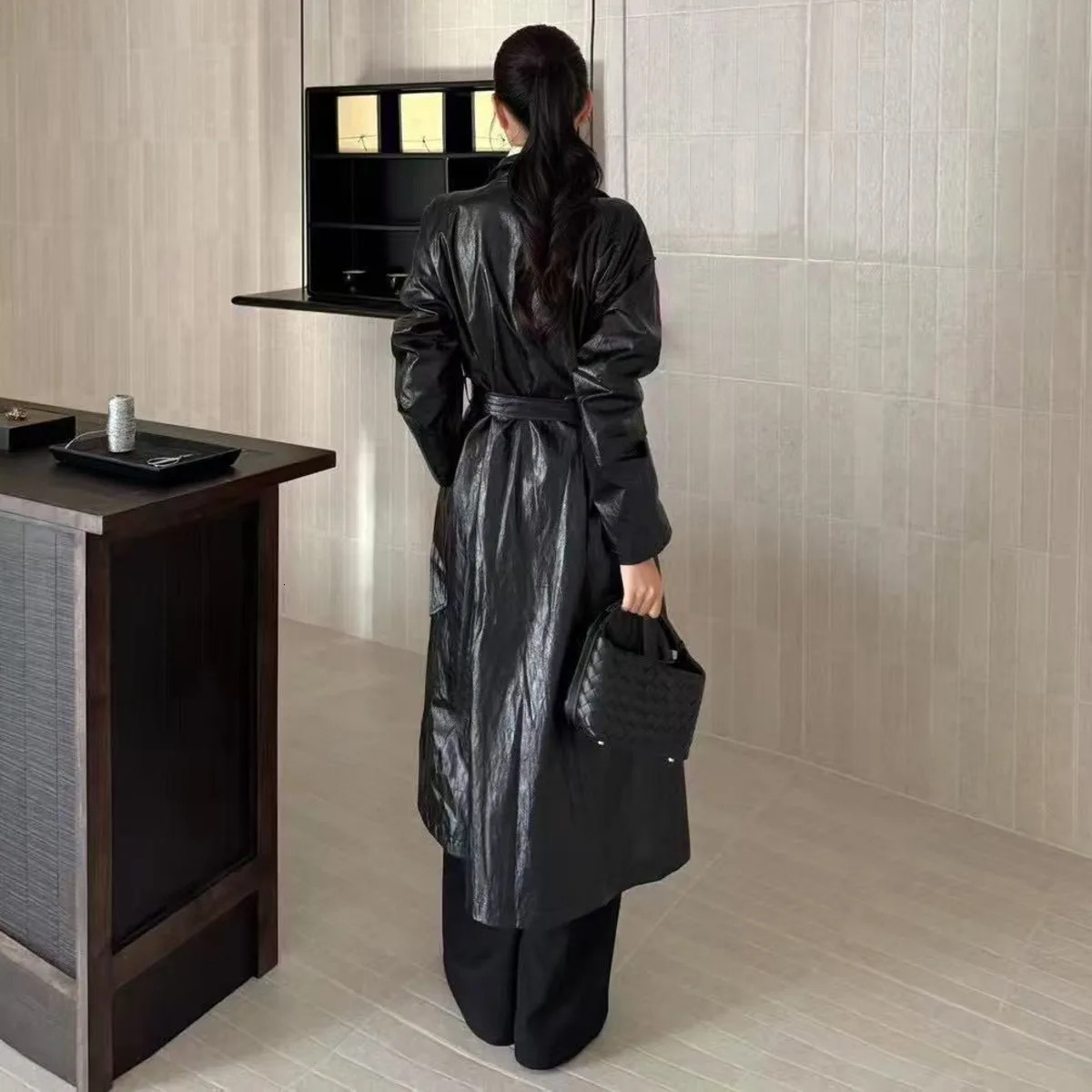 BJTZ PU Leather Belt Waist Midlength Loose Fit Windbreaker Jacket For Woman 2025 Fashion Office Lady Lapel Female Trench 251231