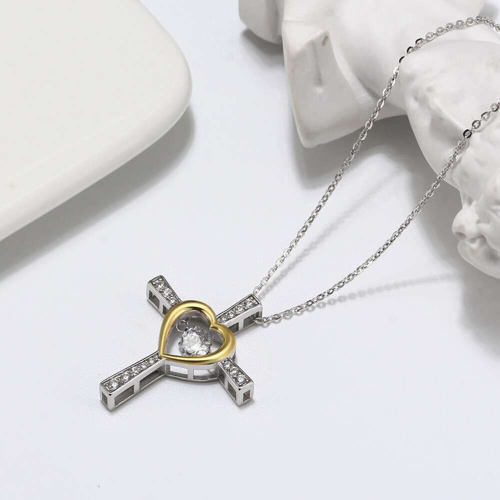 Hot Sale S925 Silver Beating Heart Cross Necklace for Women Heart-Shaped Collarbone Sweater Chain
