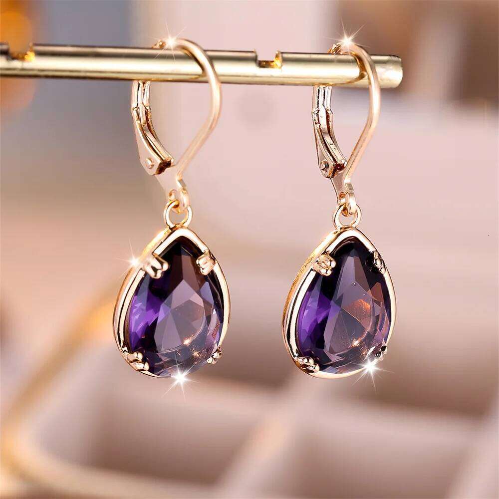 Luxury Crystal Water Drop Stone Earring Purple Zircon Hoop Earrings For Women Antique Gold Color Wedding Engagement Jewelry Gift