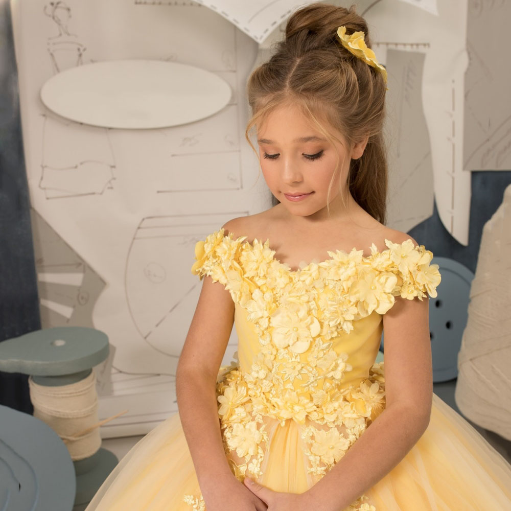 Cute Yellow Flower Dresses Elegant A Line Off Shoulder Appliques Long Girl Pageant Party Gowns Teens Birthday Dress J04 B0312