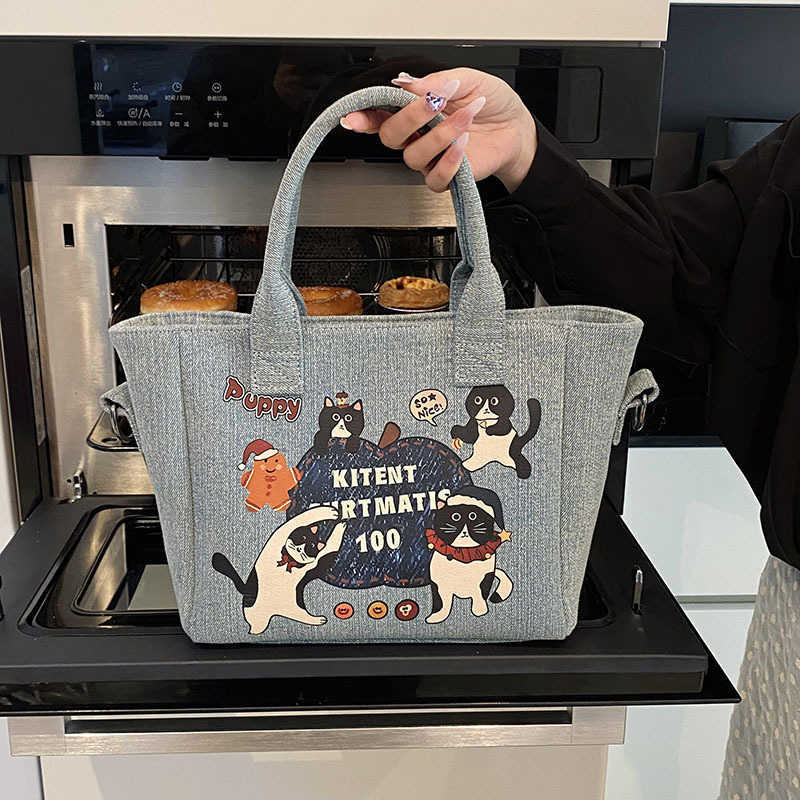 Cute Cat Cartoon Denim Bag Fashionable Tote Bag Casual Large Capacity Bag