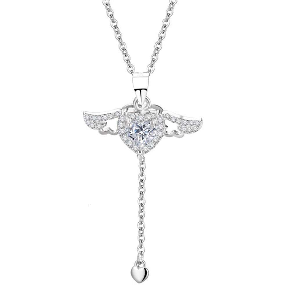 Women's Light Luxury Cupid Heart Necklace Zircon Inlaid Angel Wings Pendant European American Fashion Collarbone Chain Festival Jewelry