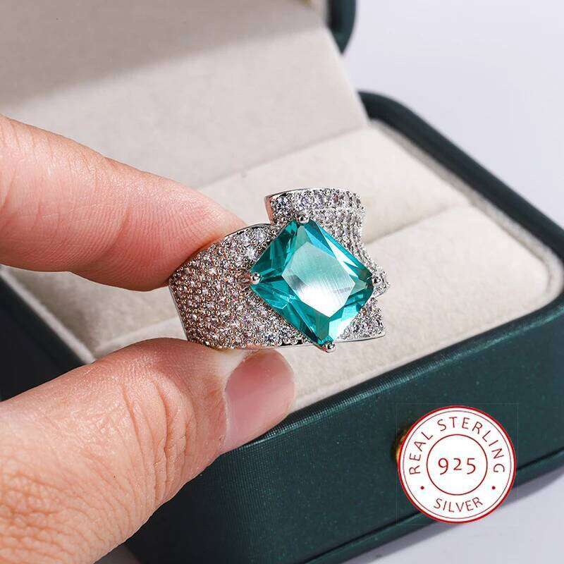 Elegant 925 Sterling Silver for Green Square Paraiba Zircon Fashion Engagement Women's Ring Everyday Jewelry