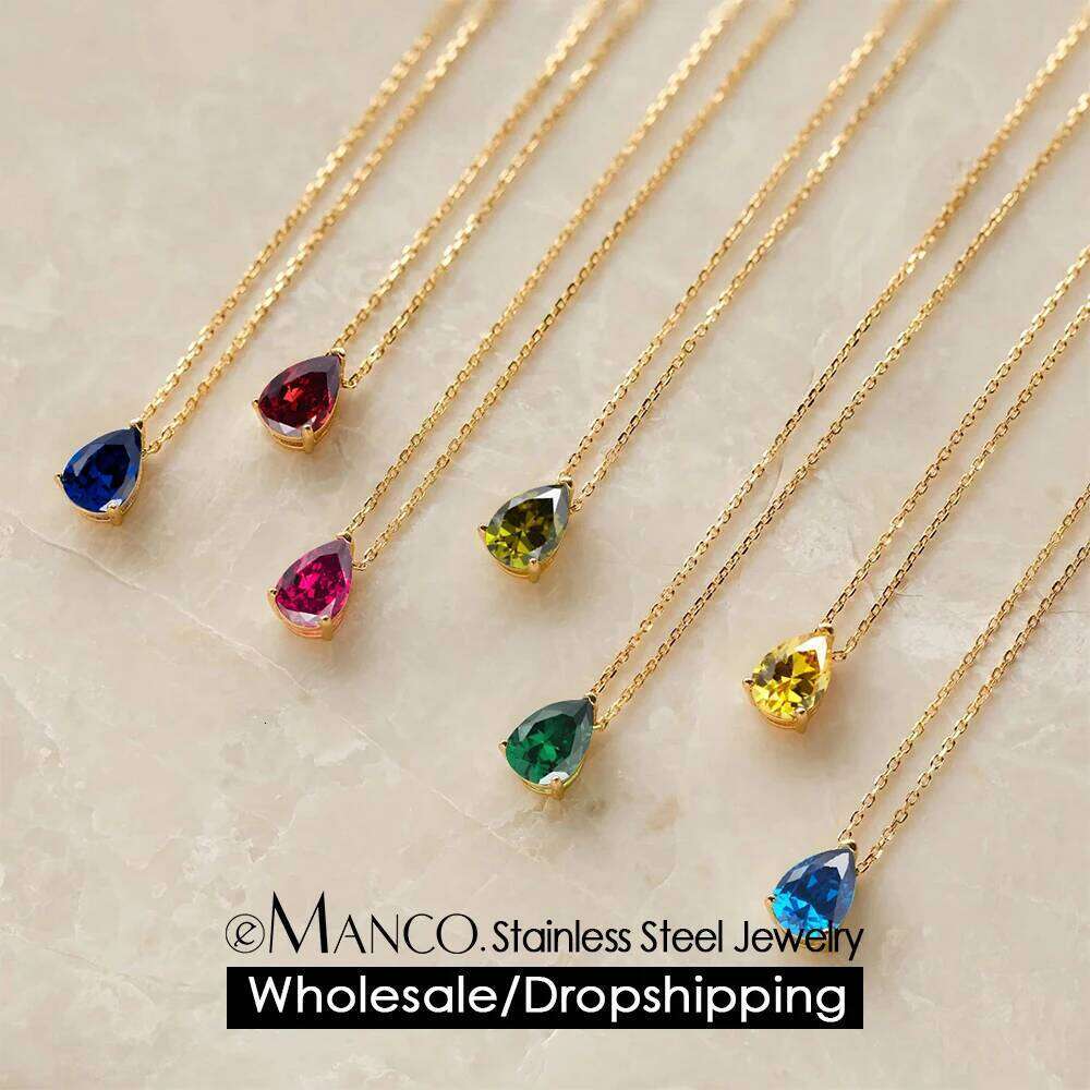 eManco Hot Sale Stainless Steel Teardrop Zirconia Pendant Shiny Crystal Necklace Women's Birthstone Collarbone Chain Wholesale