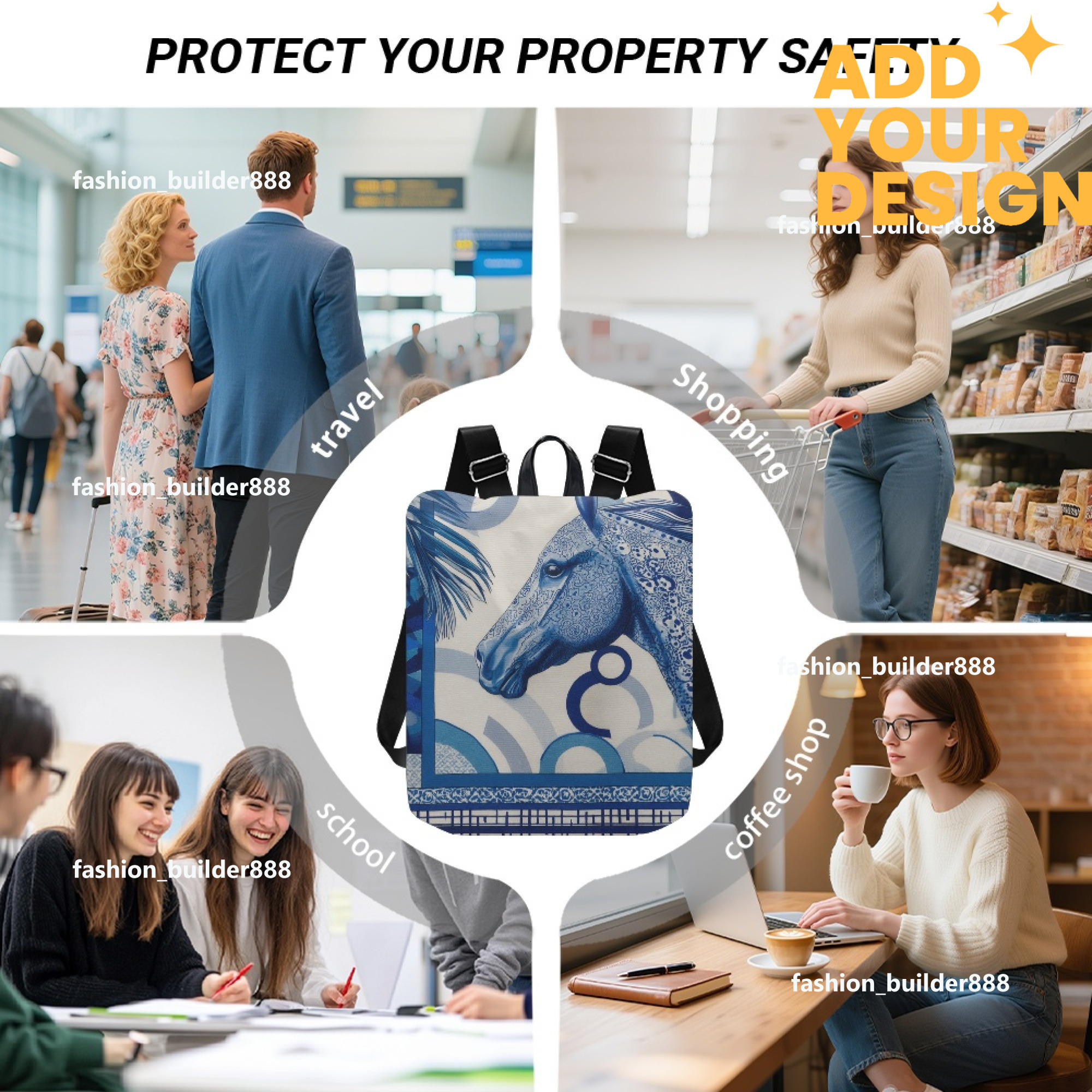 Custom H Designer Fashion Anti Theft Backpack Luxury Horse Pattern Unisex Full Print Backpack Laptop Bag Travel Bag H55