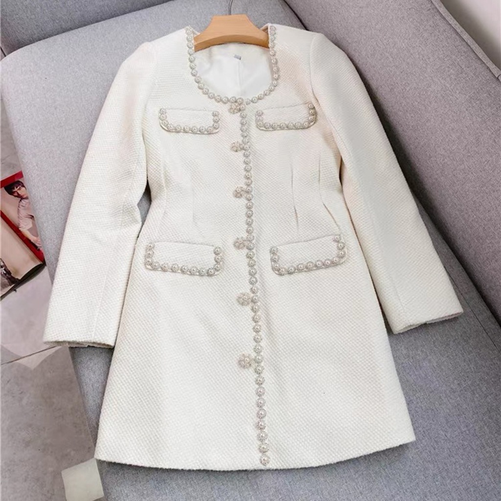 Fall Luxury New Style Sexy And Elegant Lady's White Beaded Small-chic Fashion Style Thick Lace Single-button Long-sleeved Suit Coat Dress