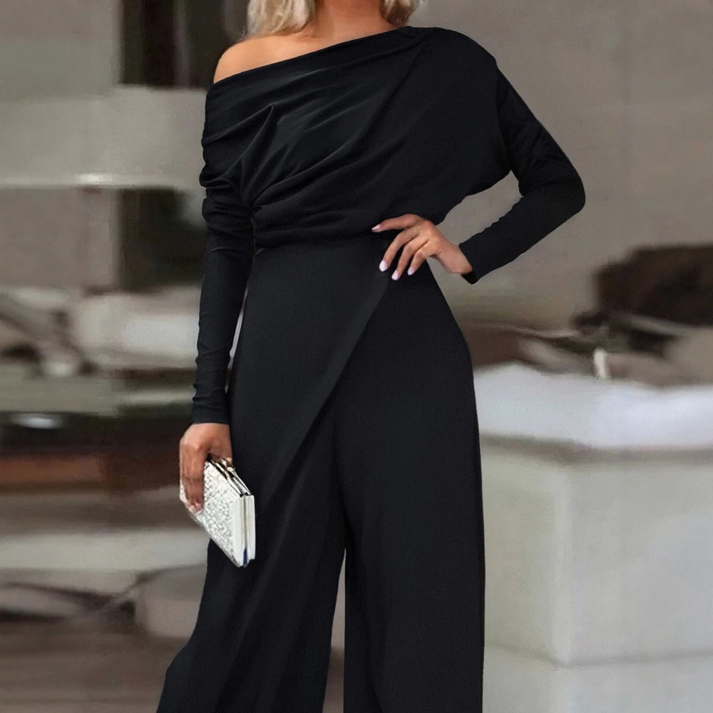 Womens Wide Leg Jumpsuits 2025 Elegant Long Sleeve Overalls Woman OneShoulder Neckline Full Length Pants Office Wear 251226