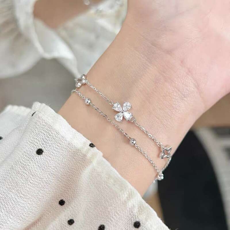 Women's Double Layer Stacked Four-Leaf Clover Bracelet S925 Silver Exquisite Fashion Sweet Hand Jewelry for Gift
