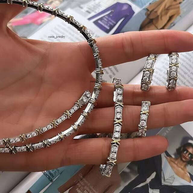 2023 Fashion Women's Ring Earrings Necklace Two-tone Gold Plated 5A VVS Moissanite Cross Straight Pull Tennis Chain Jewelry Set