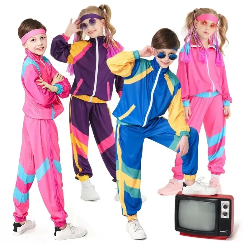 Boys and Girls 80s Tracksuit Hip Hop Costume Top Pants Sets Outfit Retro Disco Dance Sportswear Blue Pink Baseball Uniform 251231
