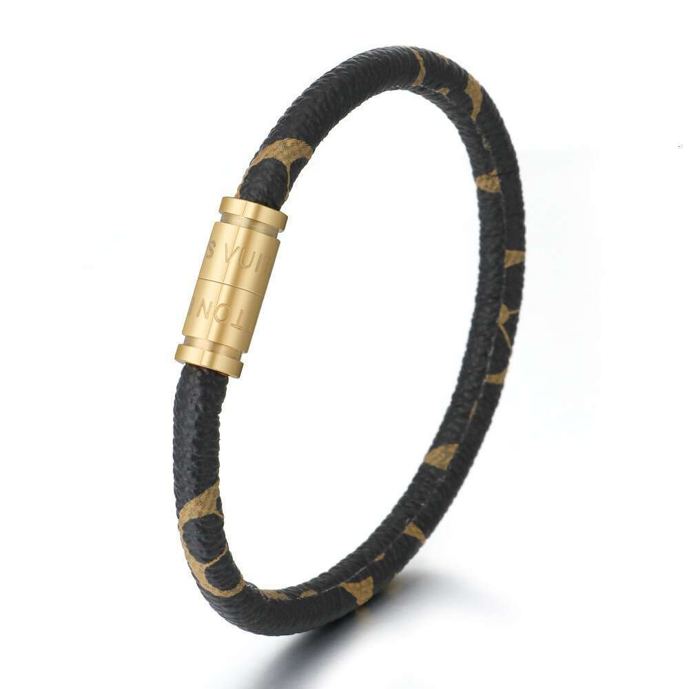 Cross-Border E-commerce Hot Selling European and American Titanium Engraved Old Flower Color Leather Stainless Steel High-End Couple Bracelet