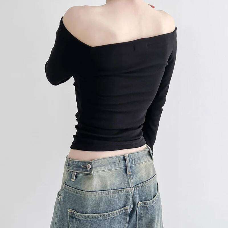 Black Solid Slash Neck Elegant Long Sleeve Tops Korean Fashion Slim Sexy Cropped T Shirt Women Fall Clothing