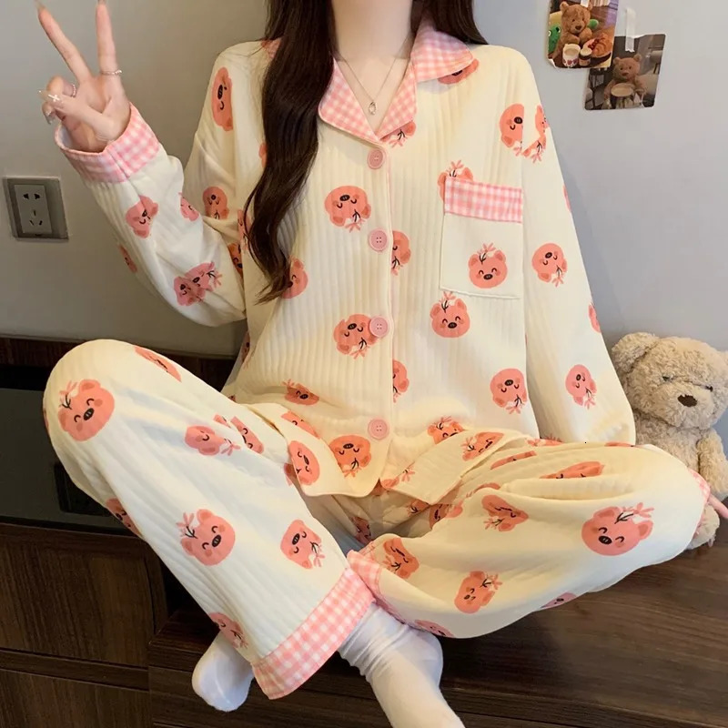 TwoPiece Set Ladies Pajamas LongSleeved Cartoon Sweet Cute Print Cardigan Home Wear Simple Sleepwear Winter Autumn 251231