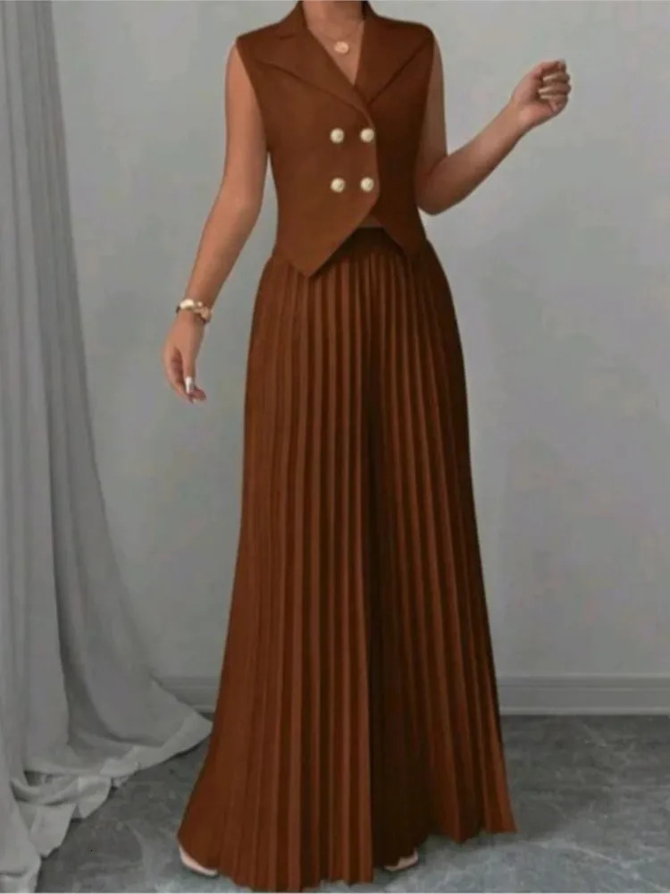 Women Fashion Solid Office Suit Casual Slim Button Two Piece Set Elegant Turn Down Collar Sleeveless BlazerPleat Pants Outfits 251225