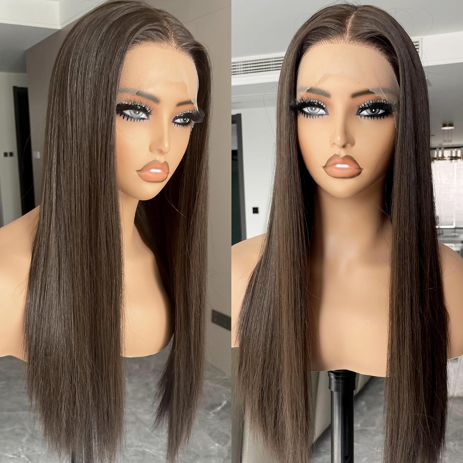 Premium European Hair transparent lace human hair wig Brown burnette balayage silky straight Lace Front Wig for girl