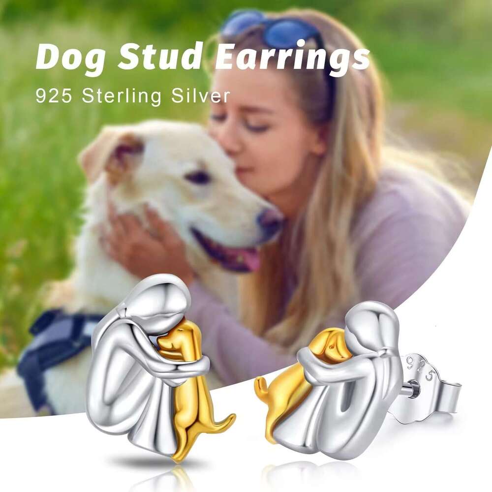 S925 Sterling Silver Girl Hugging Dog Earrings for Women Fashion Versatile Simple Cute Animal Pendant Jewelry