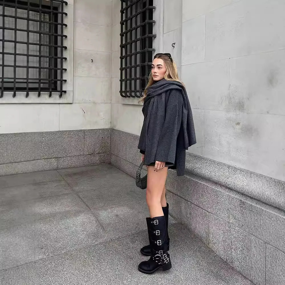 Women Fashion Scarf Decorated Woolen Jacket Casual Solid Long Sleeve Loose Warm Overcoat 2025 Autumn Winter Lady Chic Coat 251216