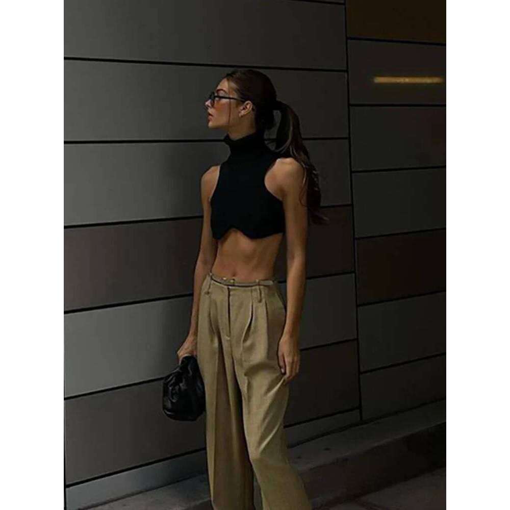 Y2K black knitted short top, female sexy elastic vest, street wear, vertical stripe high neck backless tight top