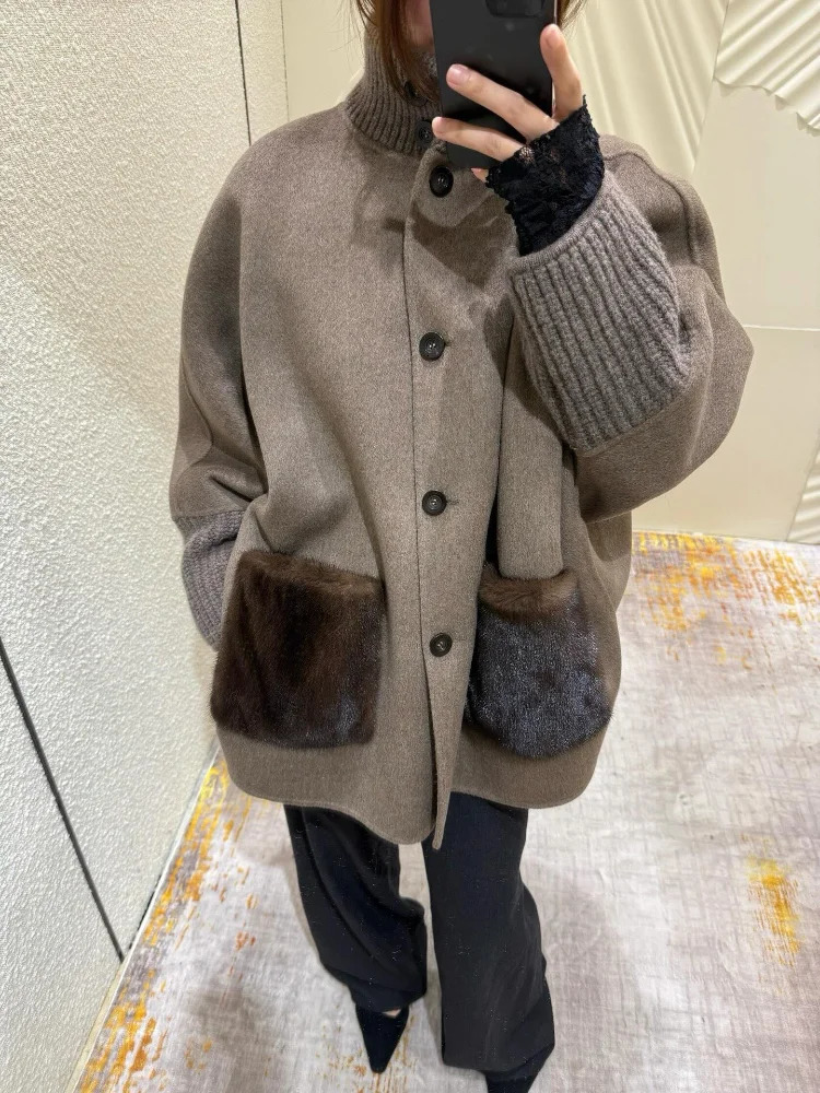 Loose Knit Fur Womens Sweater Casual Standup Collar Long Sleeve Single-breasted Female Cardigan 2025 Winter Pocket Knitwear 251225