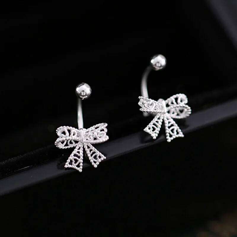 Real 925 Sterling Silver Hollow Bowknot Stud Earrings for Women Cute Fine Jewelry Minimalist Piercing Screw Bead Accessories