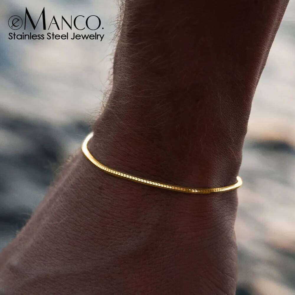 eManco High Quality Stainless Steel Gold Plated Fashion Snake Bone Chain Bracelet with Simple Style for Men's Party Wear