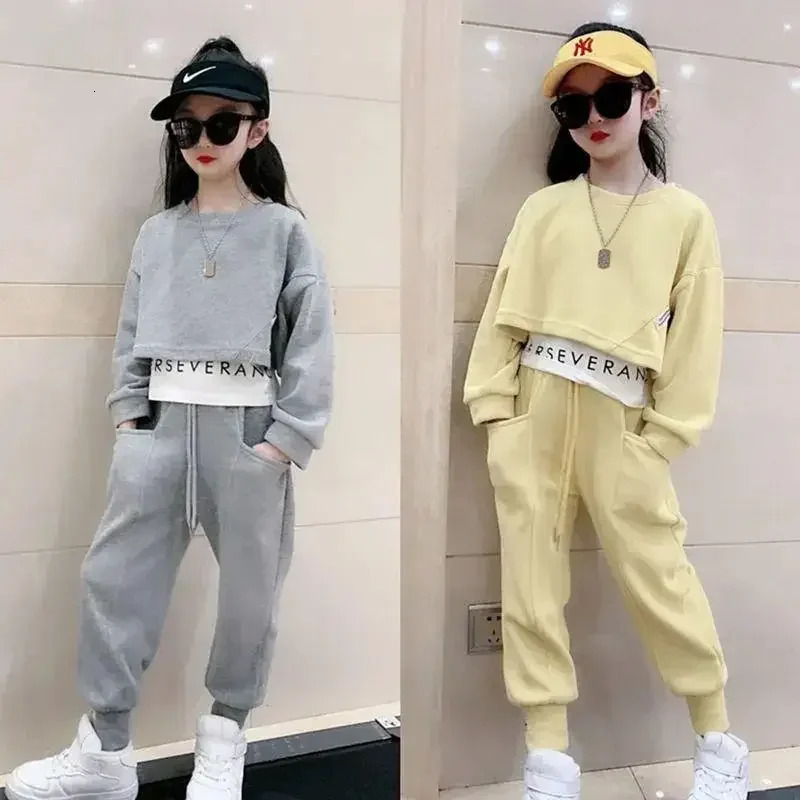 2025 teenager Gray girls Sport Suit spring Clothes Long Sleeve Top sweatshirt hooded Pants Casual 6 7 8 9 10 11 12 Years Child 260104