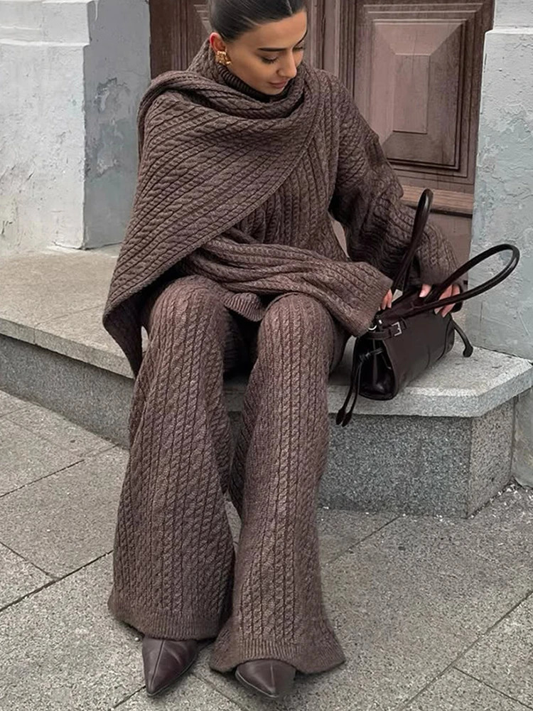 Solid Knitted Sweater Pants 2 Piece Suit 2026 Women Elegant High Collar Pullover Loose Trousers Set Autumn Winter Female Outfits 251225