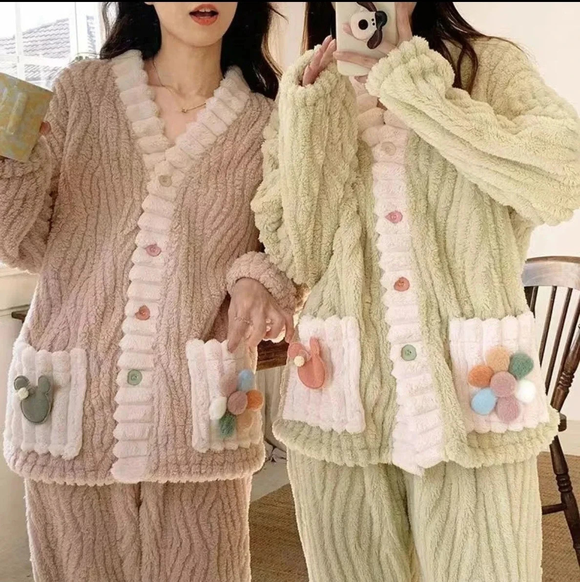 Thickened Warm Flannel Women Sleepwear Loungewear Cardigan Suit Winter Sweet Kawaii Soft Fairy Wind Ladies Pajamas Homewear 251231