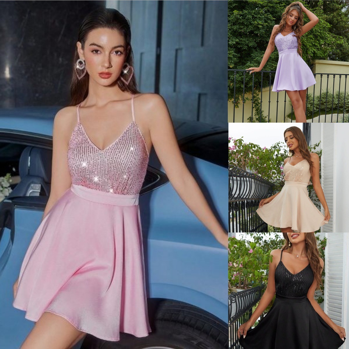 Fashionable, Luxurious, Urban, Sexy Style Summer Sequined Patchwork Sexy Halter-necked Backless Mini Women's Dress In Short Length